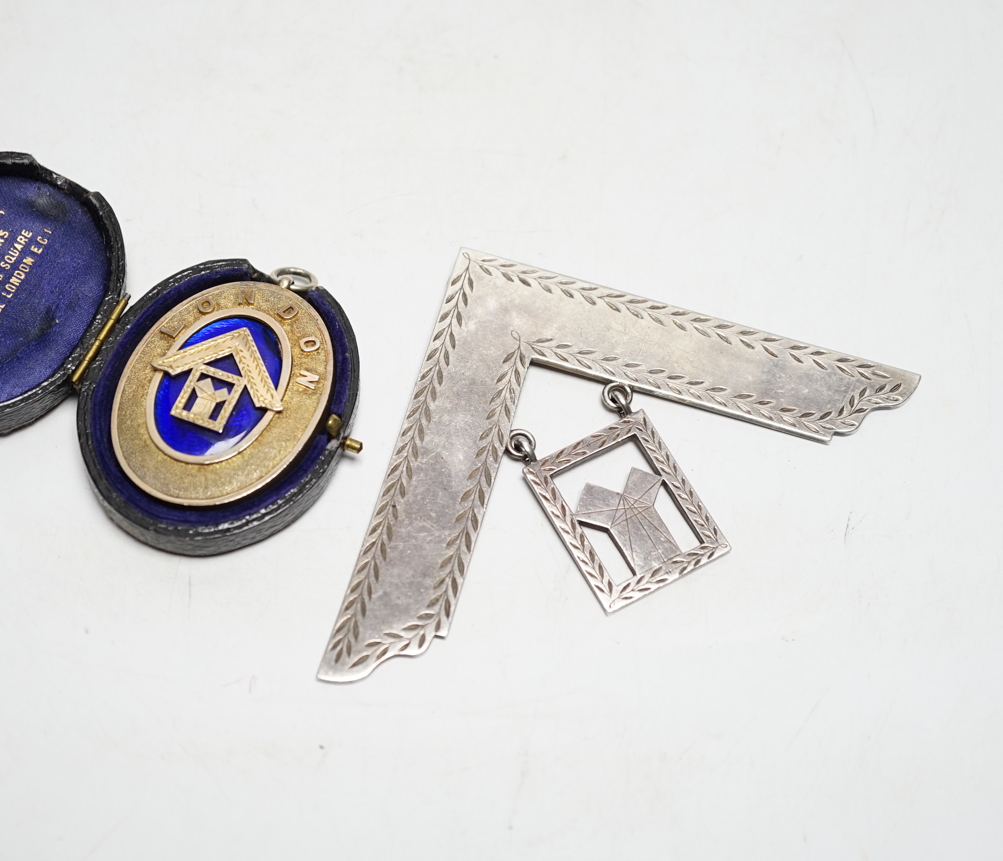 Two 1930's silver Masonic jewels including enamelled with case, 52mm.